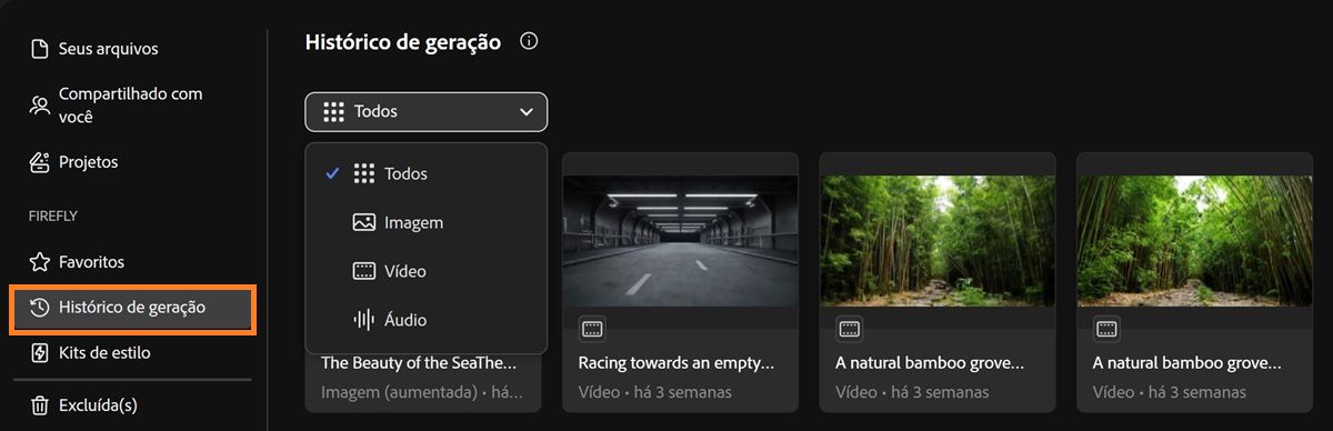 A guia Histórico de geração do Firefly inclui um menu suspenso para filtrar os tipos de geração por imagem, vídeo, áudio ou todos.