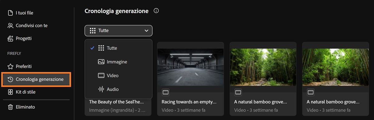 La scheda Cronologia generazione di Firefly include un menu a discesa per filtrare i tipi di generazione per immagine, video, audio o tutti.