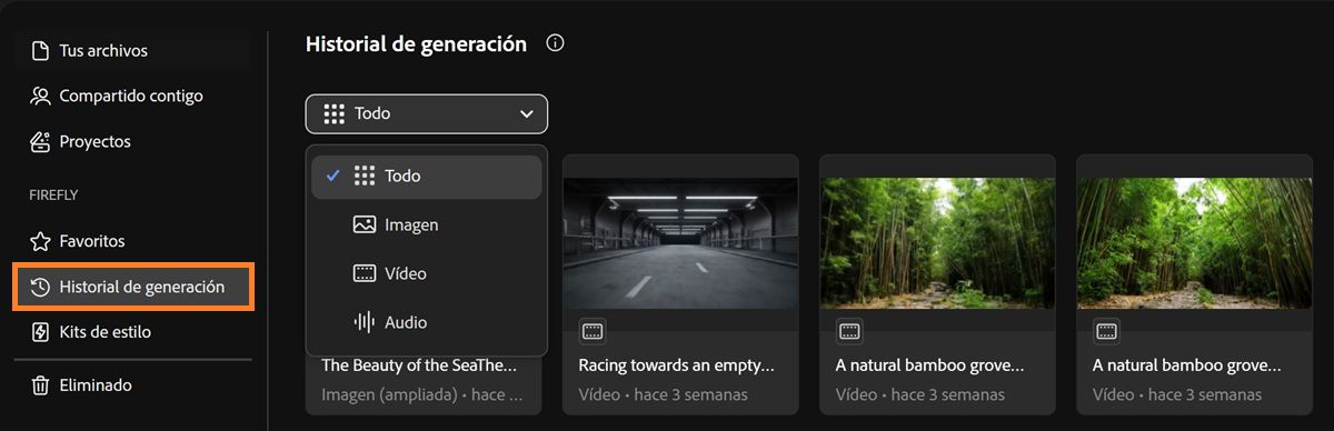 La pestaña Historial de generaciones de Firefly incluye un menú desplegable para filtrar tipos de generación por imagen, vídeo, audio o todos.