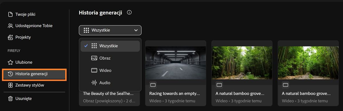Karta Historia generacji w programie Firefly zawiera menu rozwijane, które pozwala filtrować typy generowania według obrazów, plików wideo, plików audio lub wszystkich.