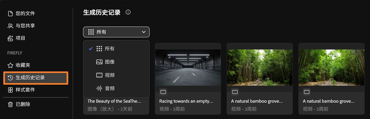 Firefly 的“生成历史记录”选项卡包含一个下拉菜单，可按图像、视频、音频或全部内容来筛选生成类型。