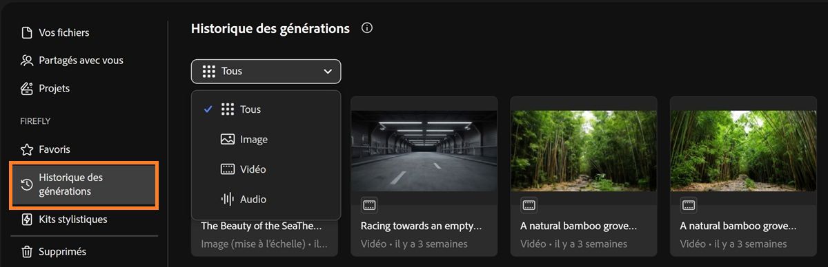 L’onglet Historique des générations de Firefly comprend un menu déroulant pour filtrer les types de génération par image, vidéo, audio ou tous.