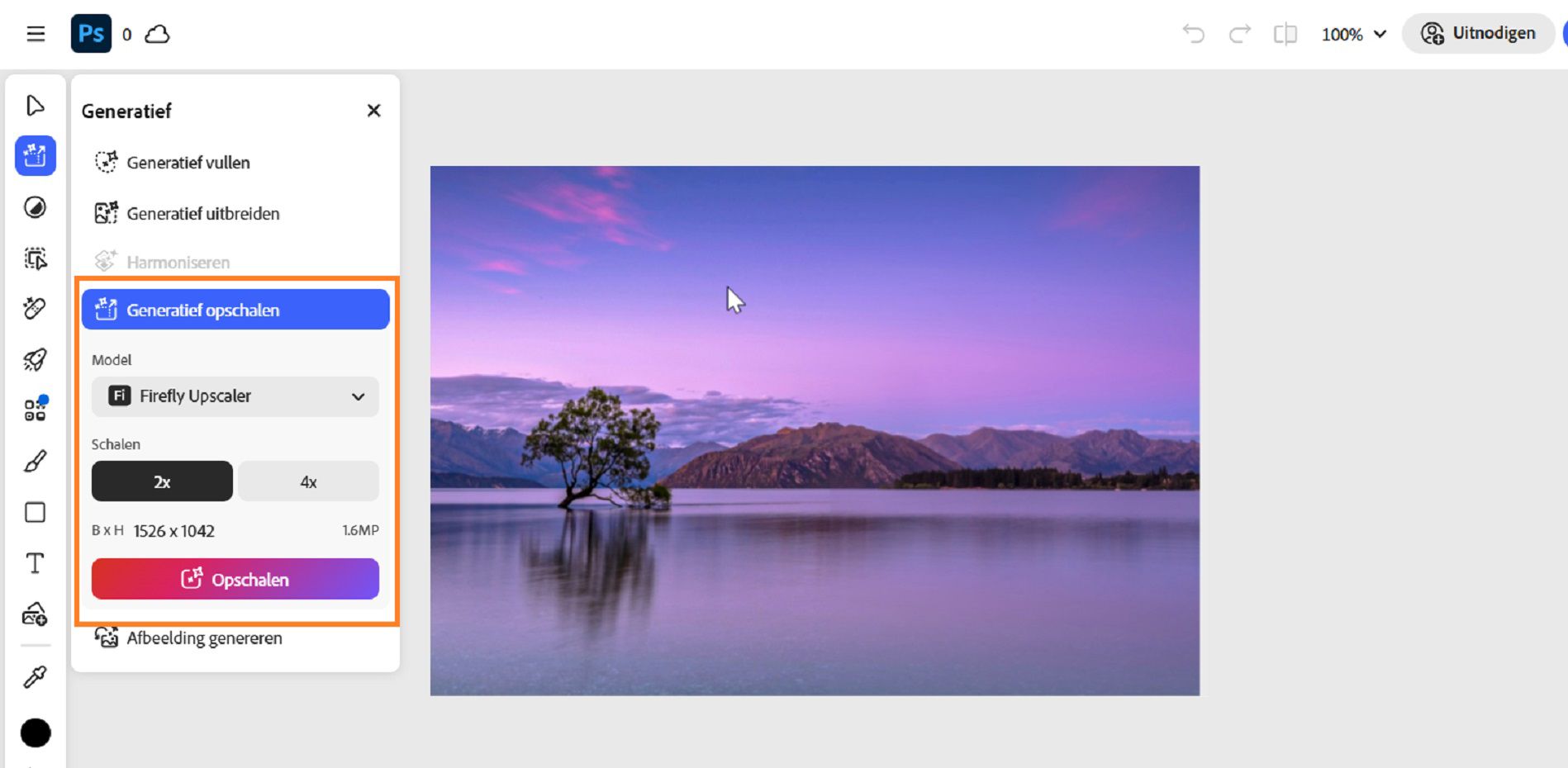 Het deelvenster Generatief toont de gemarkeerde tool Generatief opschalen, die wordt gebruikt om beeldkwaliteit, helderheid en scherpte te verbeteren.