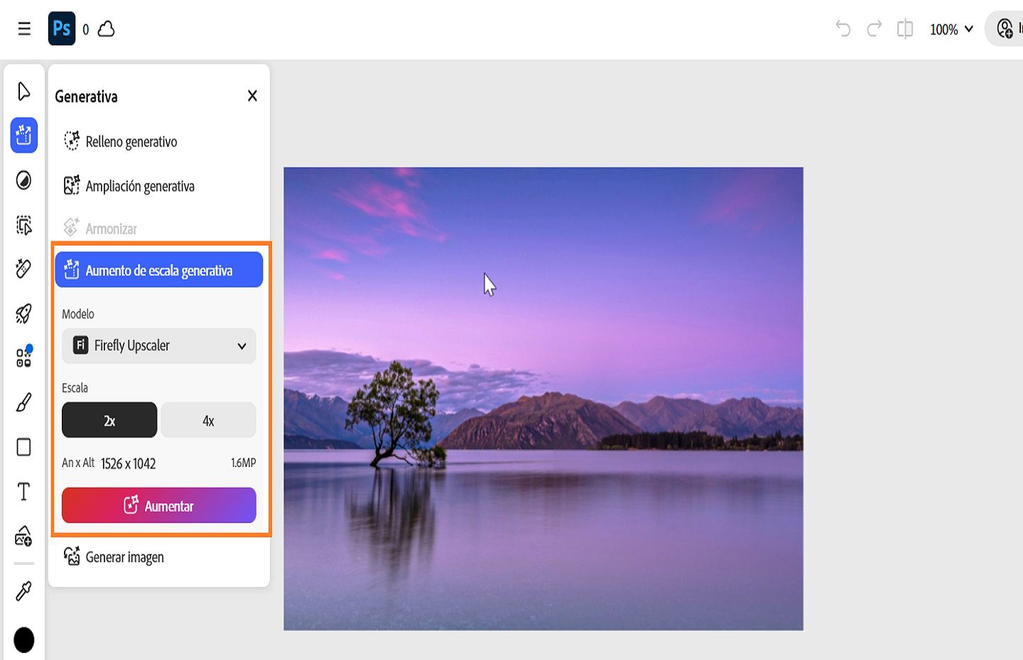 El panel generativo muestra la herramienta de Aumento de escala generativa resaltada, que se utiliza para mejorar la calidad, claridad y nitidez de la imagen.