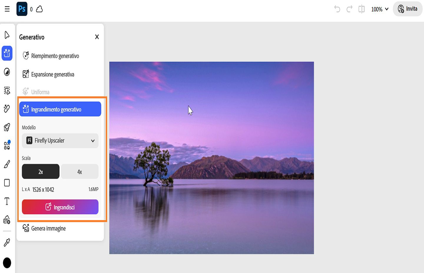 Il pannello Generativo mostra lo strumento Ingrandimento generativo evidenziato, che viene utilizzato per migliorare la qualità, la nitidezza e la definizione dell'immagine.
