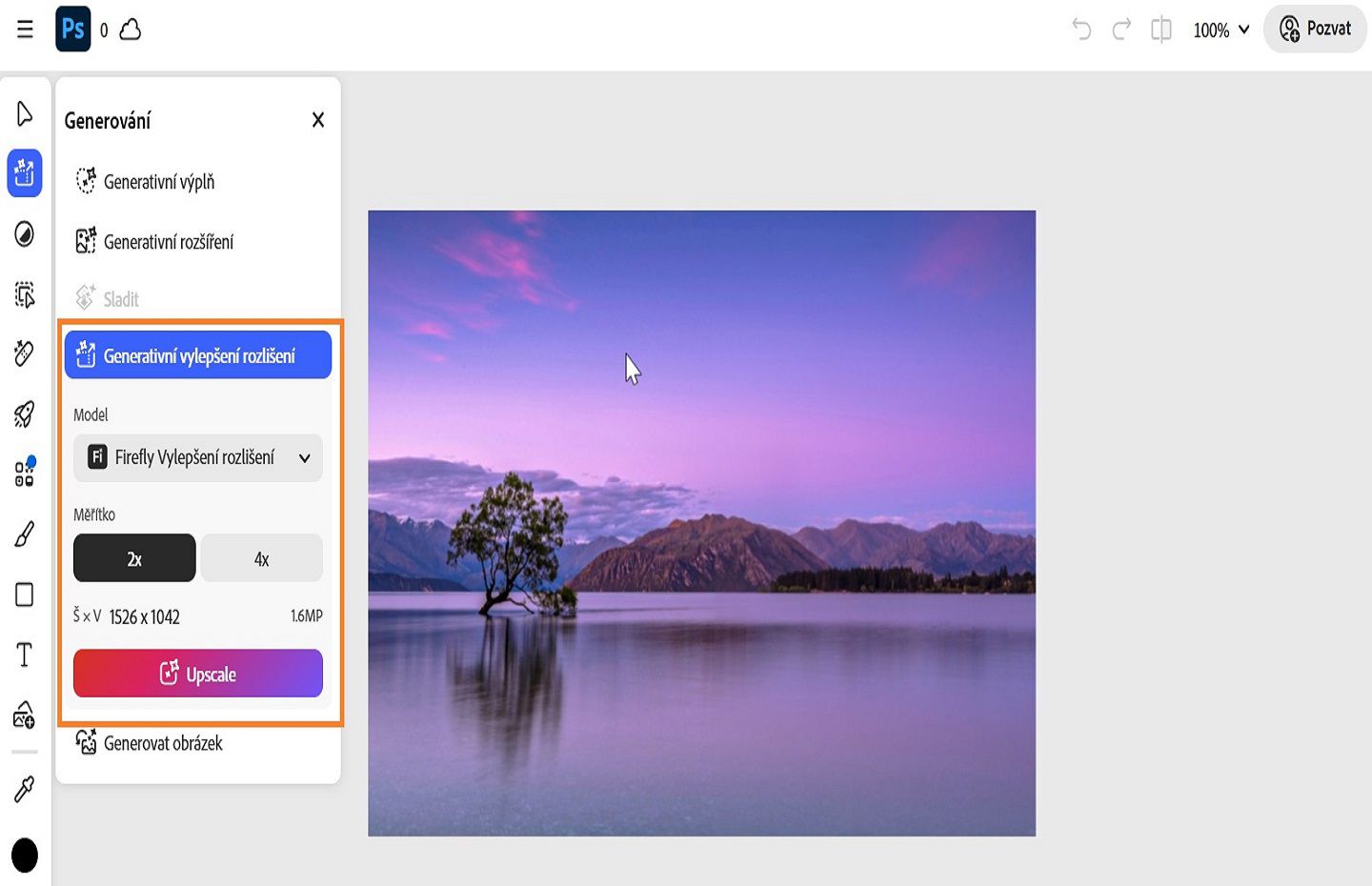 Panel Generativní zobrazující zvýrazněný nástroj Generativní zvětšení, který se používá ke zvýšení kvality, čistoty a ostrosti obrázku.