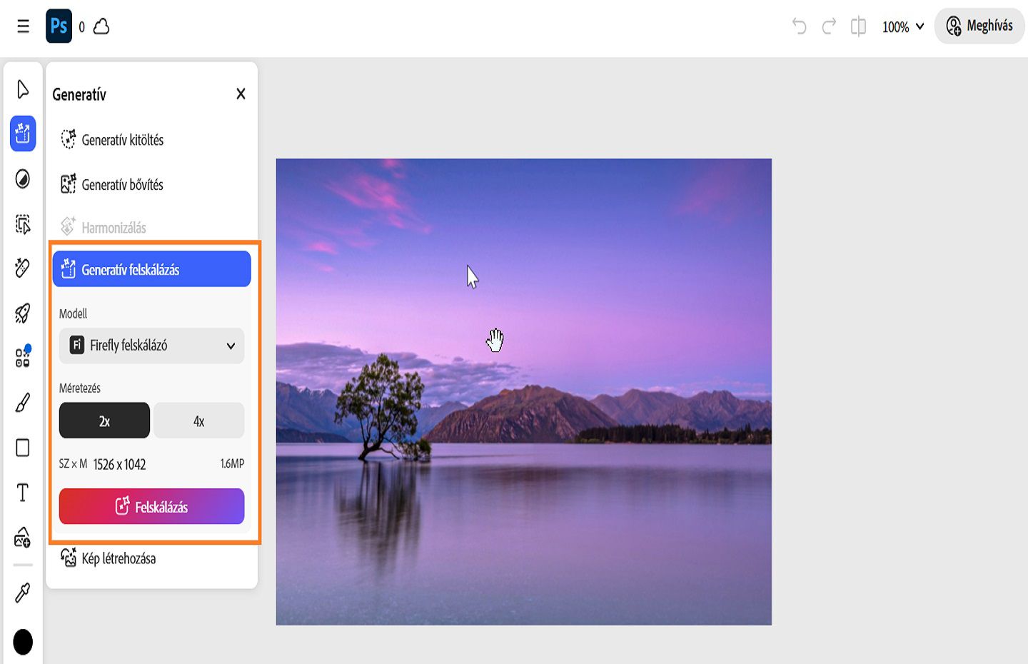 A Generatív panelen a Generatív felskálázás eszköz van kiemelve, amely a képminőség, tisztaság és élesség javítására szolgál.