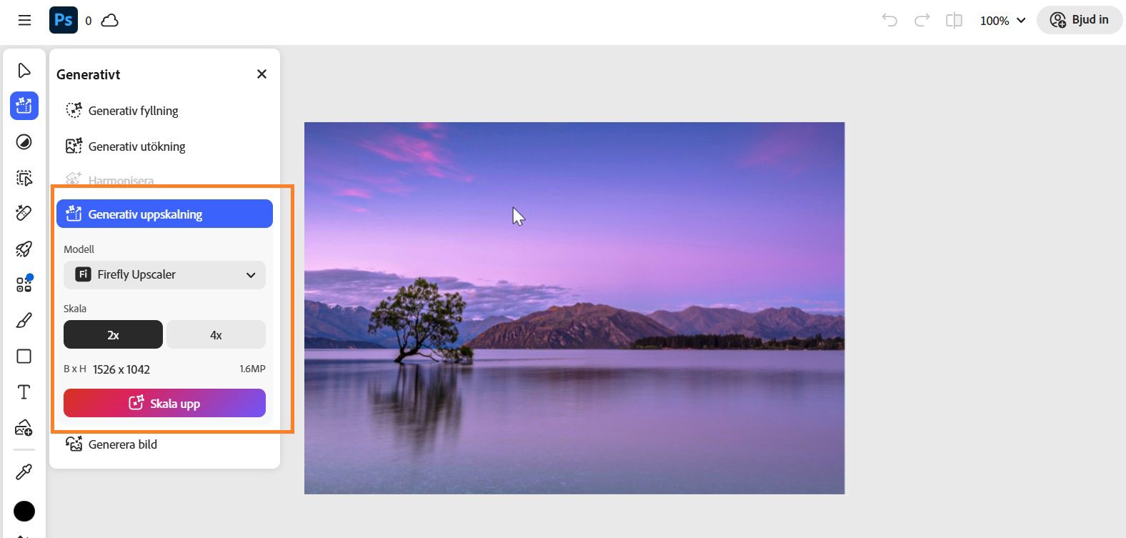 Panelen Generativt visar det markerade verktyget Generativ uppskalning, som används för att förbättra bildkvaliteten, klarheten och skärpan.