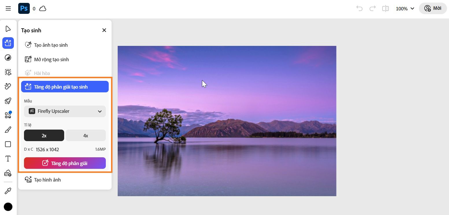 Bảng Tạo sinh hiển thị công cụ Tăng độ phân giải tạo sinh được làm nổi bật, được sử dụng để nâng cao chất lượng, độ rõ nét và độ sắc nét của hình ảnh.