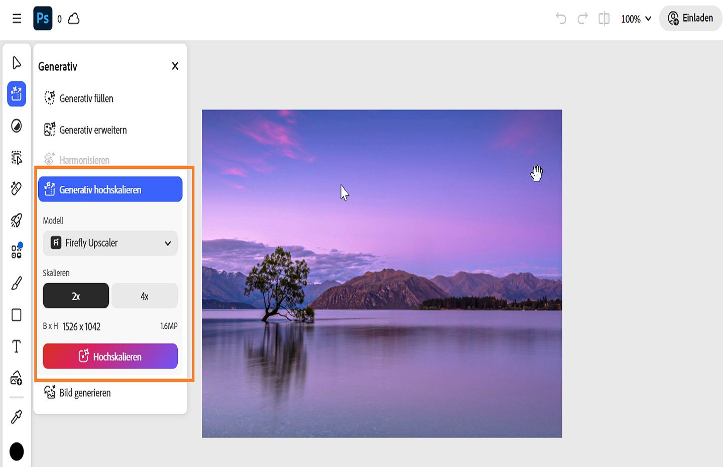 Das Bedienfeld „Generativ“ zeigt das hervorgehobene Tool für „Generatives Hochskalieren“, das zur Verbesserung von Bildqualität, -klarheit und -schärfe verwendet wird.
