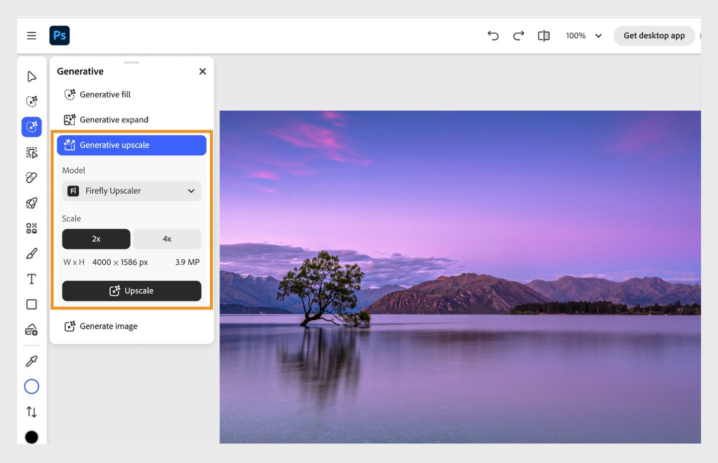 The Generative panel shows the highlighted Generative upscale tool, which is used to boost image quality, clarity, and sharpness.