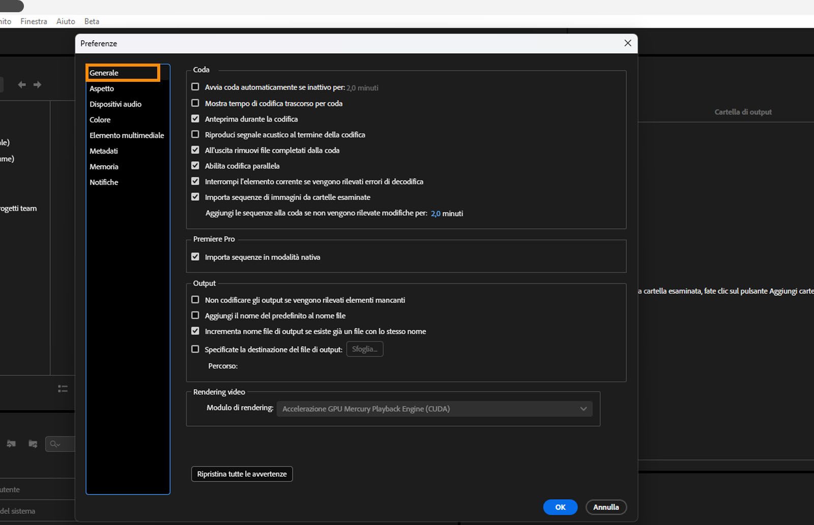 La finestra Preferenze è aperta e la scheda Generale è selezionata, mostrando varie opzioni nella scheda Generale.