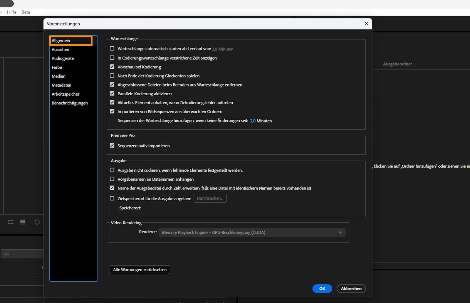 Das Fenster „Voreinstellungen&quot; ist geöffnet und der Tab „Allgemein&quot; ist ausgewählt. Hier werden verschiedene Optionen unter dem Tab „Allgemein&quot; angezeigt.