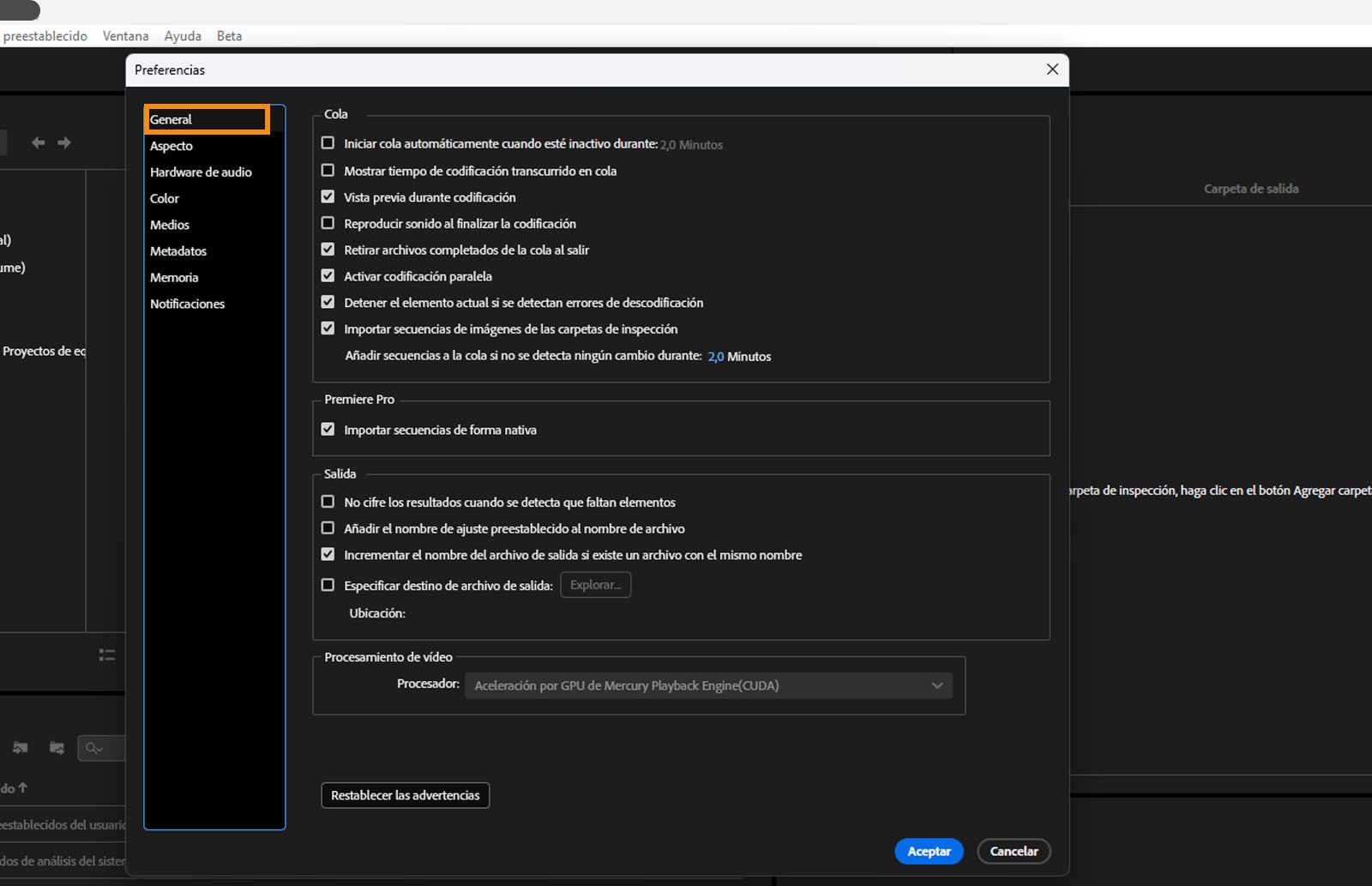 La ventana Preferencias está abierta y se ha seleccionado la pestaña General, que muestra varias opciones en la pestaña General.