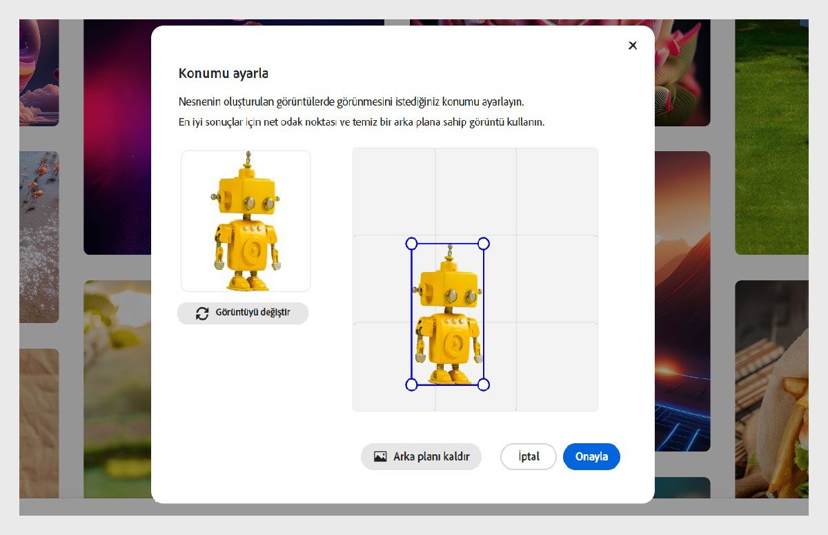 Konumu ayarla paneli açılır ve yüklenen bir nesne bulunur. Nesne bir robottur ve şu anda yeniden boyutlandırmak ve yeniden konumlandırmak için seçilidir.