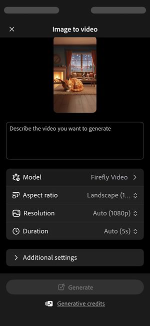 La schermata Da immagine a video in Firefly mostra un'immagine caricata, seguita da una casella prompt, un menu a discesa dei modelli e altre voci di menu.