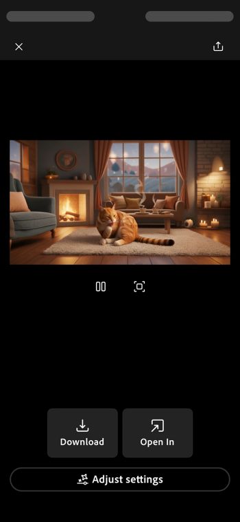 La schermata Da immagine a video di Firefly su iOS mostra un video generato con opzioni per scaricare, aprire in altre app e regolare le impostazioni.