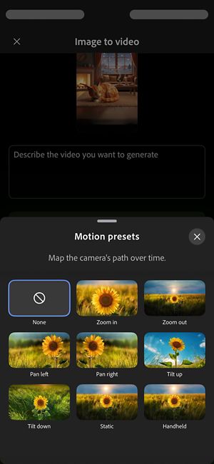 La schermata Da immagine a video in Firefly mostra il menu Predefiniti di movimento con opzioni come Zoom in, Zoom out e Panoramica a sinistra per determinare lo spostamento dell'inquadratura nel tempo.