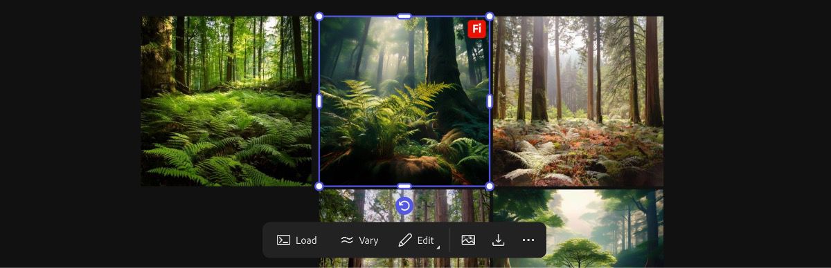 The generated image variations appear on the canvas, and one of the images is selected. The selected image displays editing options, including loading the text prompt and removing the background.
