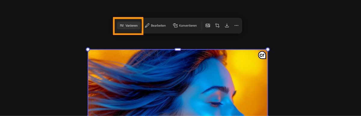 Das Bild ist ausgewählt und die Option „Variieren“ ist ausgewählt, um mehrere Bildvariationen zu generieren.