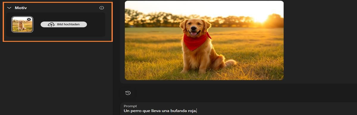 Se ha añadido la imagen de un perro mediante la opción Sujeto y hay una indicación para añadir una bufanda roja al sujeto.