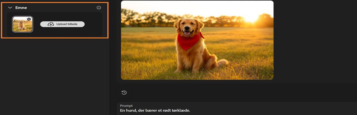 Indstillingen Motiv har et billede af en hund tilføjet og en prompt tilføjet om at føje et rødt tørklæde til motivet.