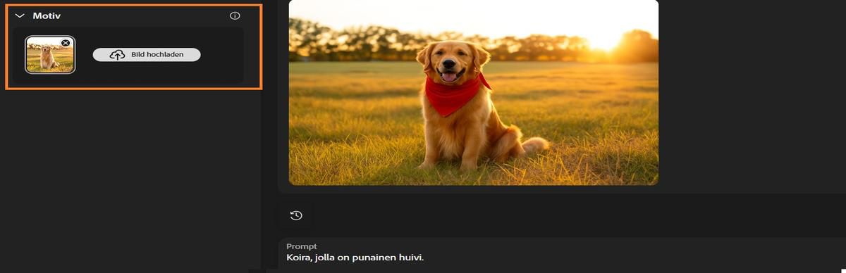 Kohde-kohtaan on lisätty koiran kuva ja kehote, jolla kohteelle halutaan lisätä punainen kaulahuivi.
