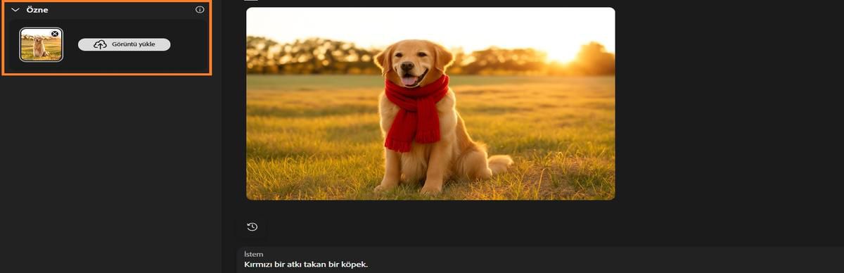 Özne seçeneğinde bir köpek görüntüsü eklenmiş ve özneye kırmızı bir atkı eklemek için bir istem eklenmiştir.