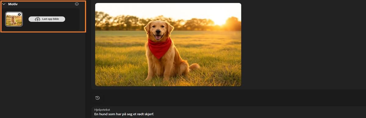 Motiv-alternativet har et bilde av en hund lagt til og en hjelpetekst lagt til for å legge til et rødt skjerf til motivet.