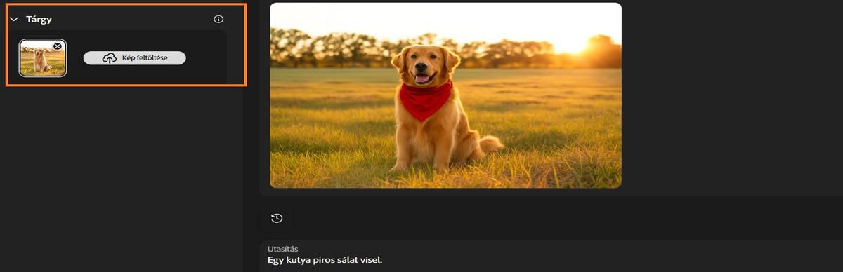 A Tárgy opcióval egy kutya képe van hozzáadva, és hozzá van adva egy utasítás, hogy adjon egy piros sálat a tárgyhoz.