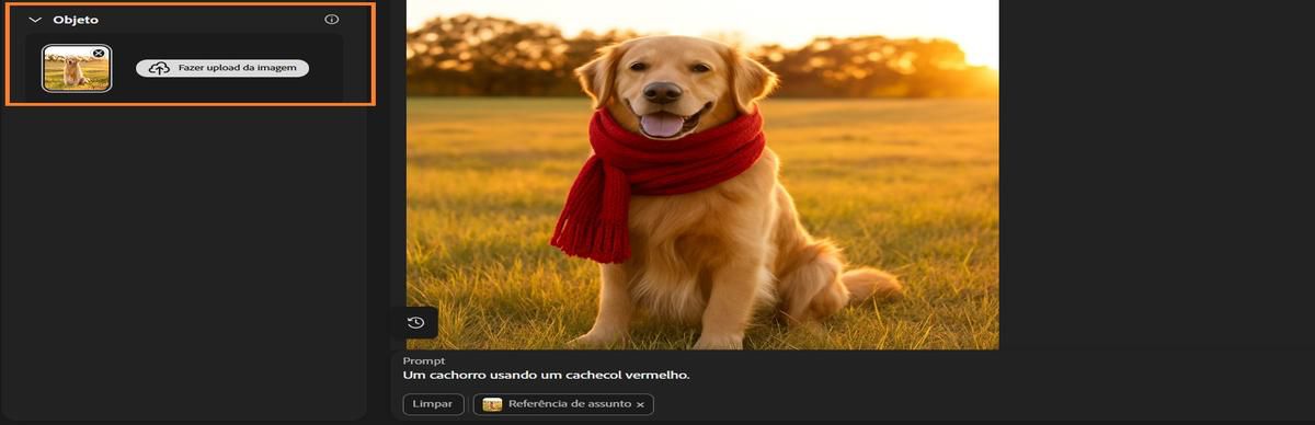 A opção Assunto tem uma imagem de um cachorro adicionada e um prompt adicionado para adicionar um lenço vermelho ao elemento.