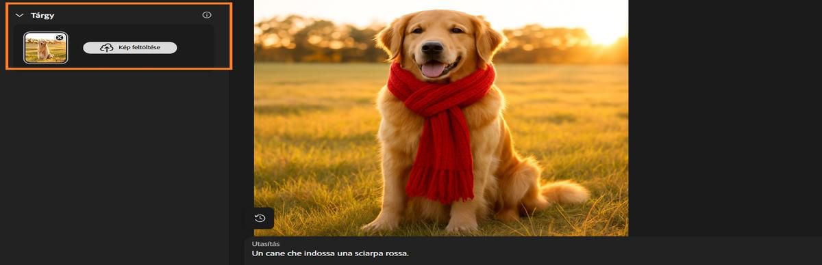 All’opzione Soggetto è aggiunta l’immagine di un cane e un prompt per aggiungere una sciarpa rossa al soggetto.