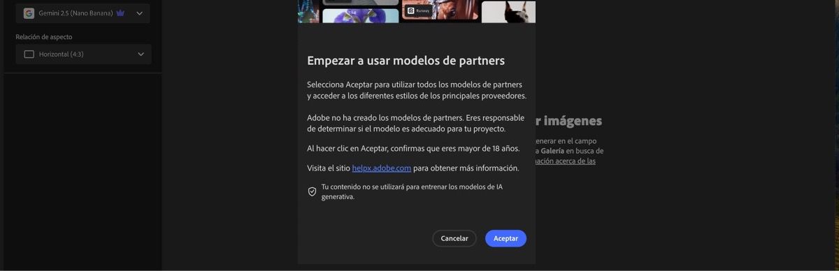 La opción Empezar a usar modelos de partners está disponible, y tiene puede elegir entre continuar y cancelar.