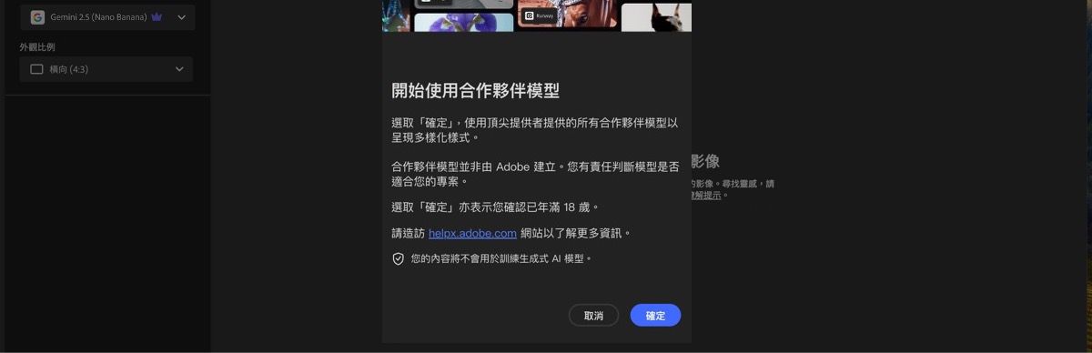 「開始使用合作夥伴模型」已開啟，您可以選擇繼續或取消。