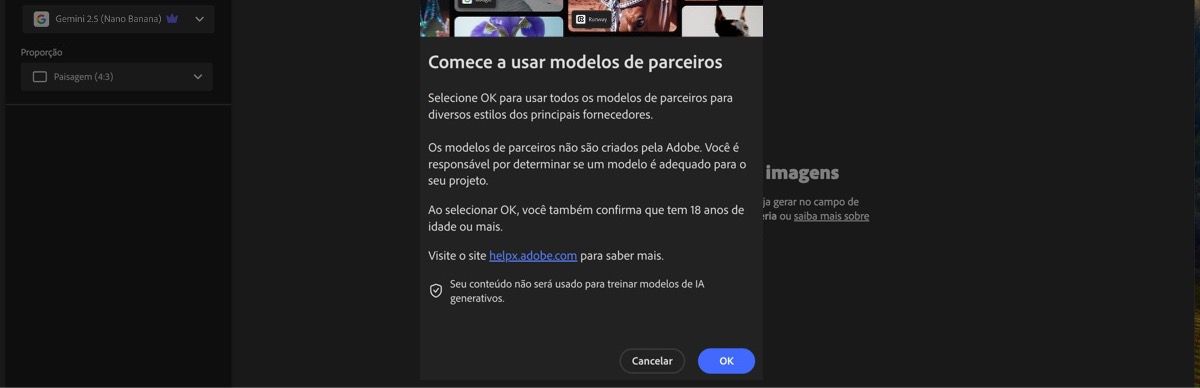 A opção Começar usando modelos de parceiros está aberta e você pode continuar ou cancelar.