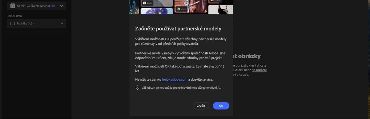 Zahájení používání partnerských modelů je otevřené a máte možnost pokračovat nebo zrušit.