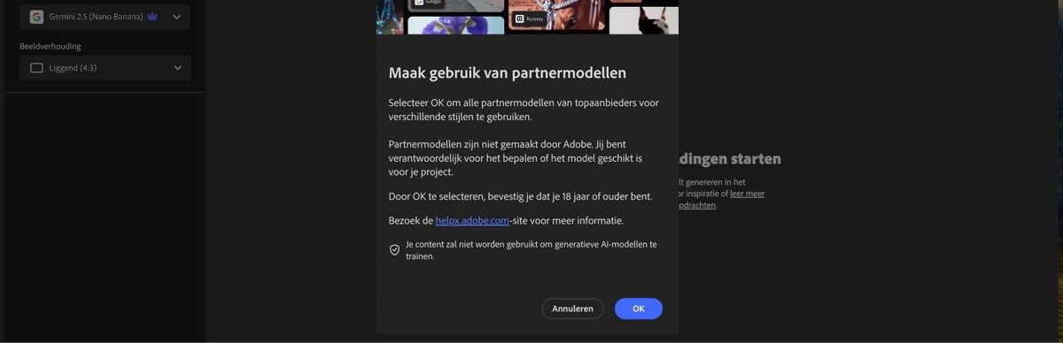 Het deelvenster Maak gebruik van partnermodellen is open en je hebt de optie om door te gaan of te annuleren.