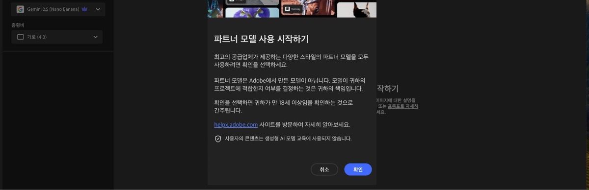 파트너 모델을 사용하는 시작이 열려 있으며 계속하거나 취소할 수 있는 옵션이 있습니다.