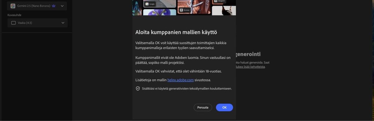 Aloita kumppanien mallien käyttö -ikkuna on auki, ja voit valita, haluatko jatkaa vai peruuttaa.