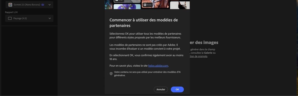 La boîte de dialogue Commencer à utiliser des modèles de partenaires est ouverte et vous avez la possibilité de continuer ou d’annuler.