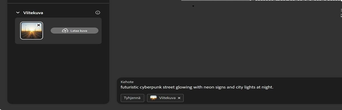Viitekuva-osioon on ladattu kuva, ja kehoteruudussa näkyy kehote &quot;futuristinen öinen kyberpunk-katumaisema neonvalomainosten ja kaupungin valojen hohteessa&quot;.