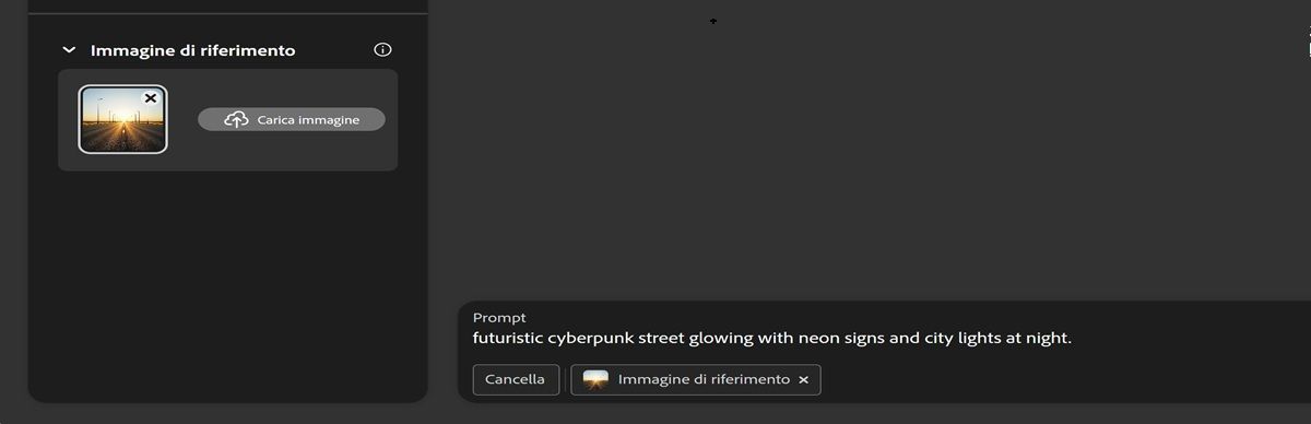 Un'immagine è caricata nella sezione Immagine di riferimento e la barra del prompt contiene il testo: &quot;strada futuristica cyberpunk illuminata da insegne al neon e luci urbane di notte&quot;.