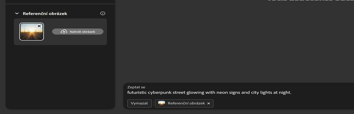 Obrázek je nahrán v sekci Referenční obrázek a panel zadání obsahuje zadání: „noční futuristická cyberpunková ulice zářící neonovými cedulemi a městskými světly“.