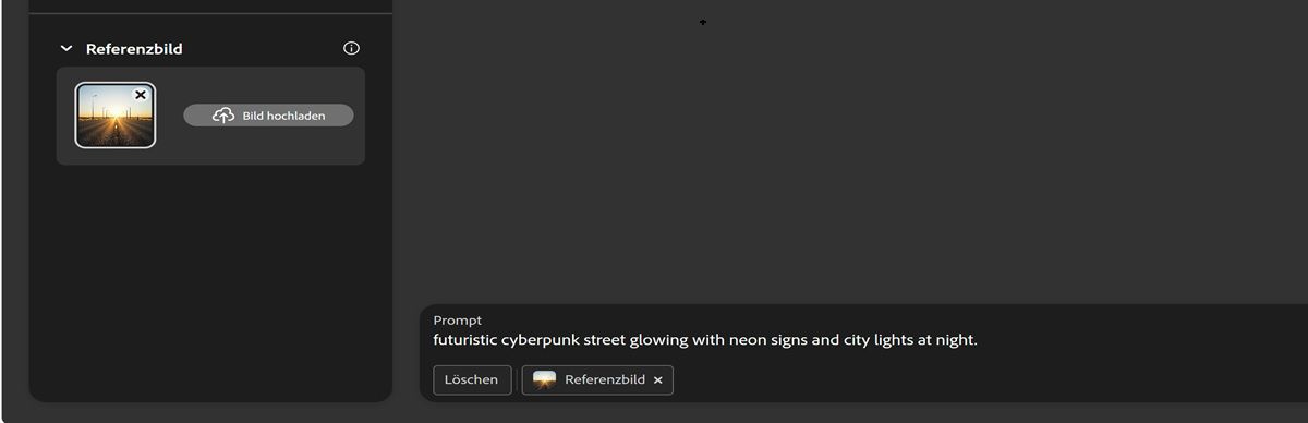 Ein Bild wird im Abschnitt „Referenzbild“ hochgeladen, und in der Prompt-Leiste wird der Text „Futuristische Cyberpunk-Straße, die nachts mit Neonschildern und Lichtern beleuchtet wird“ angezeigt.