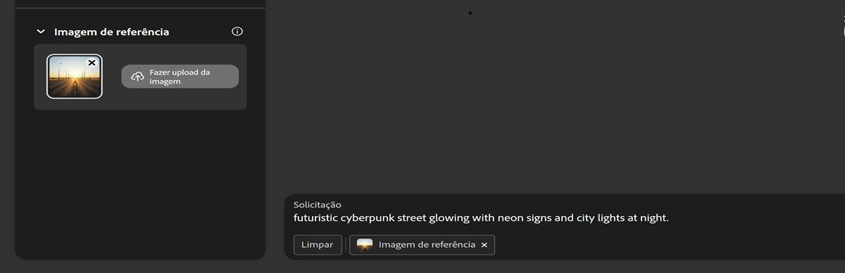 Uma imagem é carregada na seção Imagem de referência e a barra de prompt tem um prompt: &quot;Rua futurista no estilo cyberpunk brilhando com sinais de neon e luzes da cidade à noite.&quot;