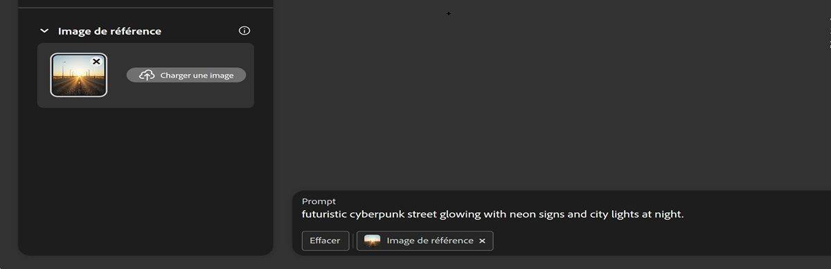 Une image est chargée dans la section Image de référence et la barre de prompt affiche le prompt suivant : « rue cyberpunk futuriste illuminée par des enseignes aux lumières artificielles et des lumières de ville la nuit ».