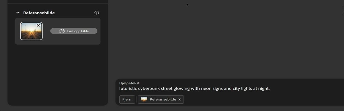 Et bilde lastes opp i referansebildeseksjonen, og ledetekstlinjen har en hjelpetekst – «futuristisk cyberpunk-gate som lyser med neonskilt og bylys om natten».