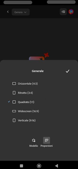 L’opzione Proporzioni è selezionata per la generazione di immagini con il modello Imagen 4. Sono elencate più proporzioni e attualmente è selezionato Quadrato (1:1).