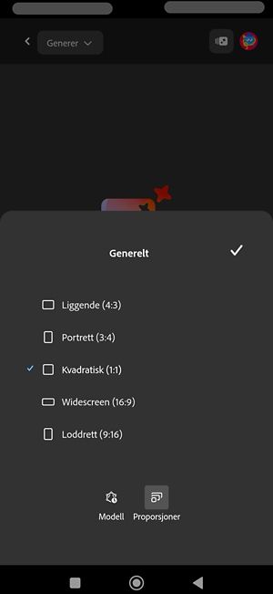 Proporsjoner-alternativet er valgt for generering av bilder ved hjelp av Imagen 4-modellen. Det er oppført flere proporsjoner, og Kvadratisk (1:1) er valgt for øyeblikket.
