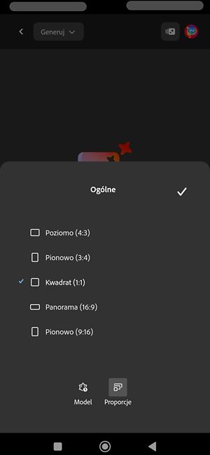 Opcja Proporcje jest wybrana podczas generowania obrazu przy użyciu modelu Imagen 4. Na liście znajduje się wiele współczynników proporcji, a obecnie wybrana jest opcja Kwadrat (1:1).